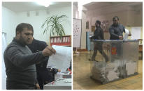<p>A combination picture shows a voter casting a ballot at a polling station number 217 (L) and casting a ballot at a polling station number 216, during the presidential election in Ust-Djeguta, Russia March 18, 2018. The voter declined to comment to Reuters reporter when asked why he was voting a second time, and left the building quickly. (Reuters staff) </p>