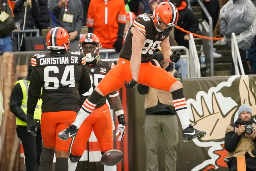 Cleveland Browns tight end Harrison Bryant (88) celebrates after Cleveland Browns tight end David Njoku (85) scores a touchdown in the first half of an NFL football game against the in Cleveland, Sunday, Dec. 17, 2023. (AP Photo/Sue Ogrocki)
