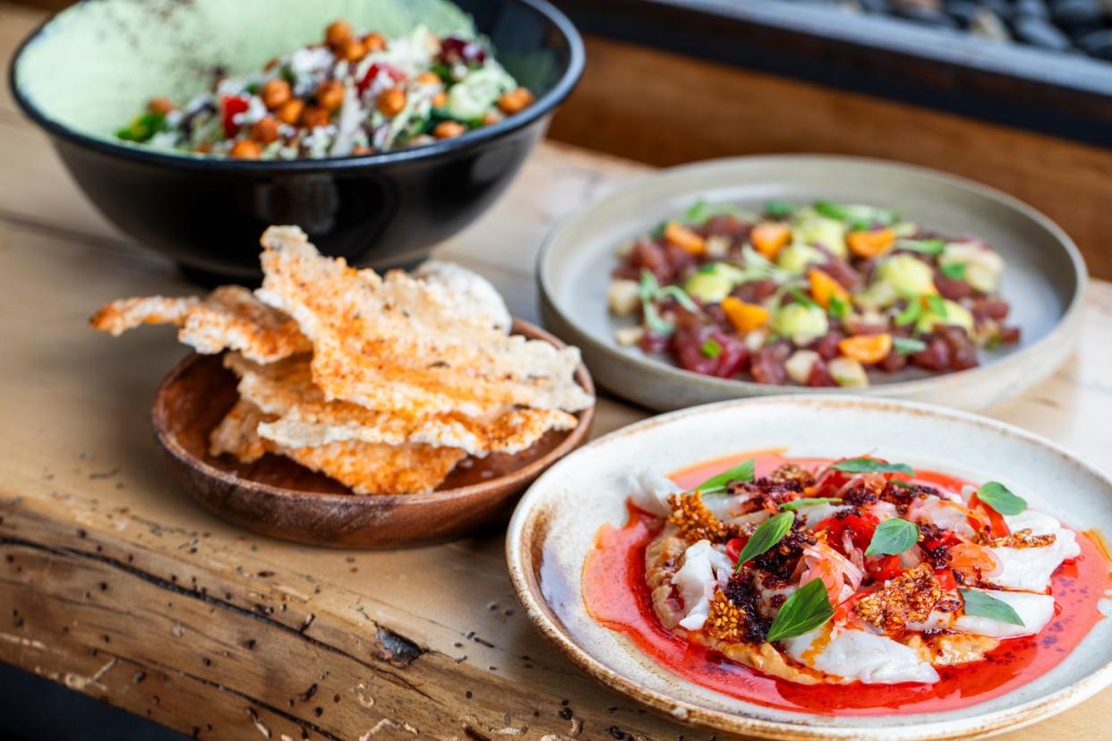 plates of food on a wooden table