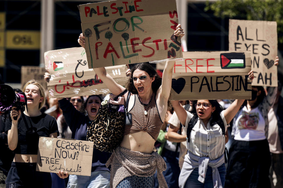 FILE - Pro-Palestinian Pasadena City College students walk out of class as they demonstrate against the Israel-Hamas war in Pasadena, Calif., on April 30, 2024. Israeli Prime Minister Benjamin Netanyahu has repeatedly accused critics of Israel or his policies of antisemitism, including the U.S. college campus protests and the prosecutor of the International Criminal Court. (Sarah Reingewirtz/The Orange County Register via AP, File)