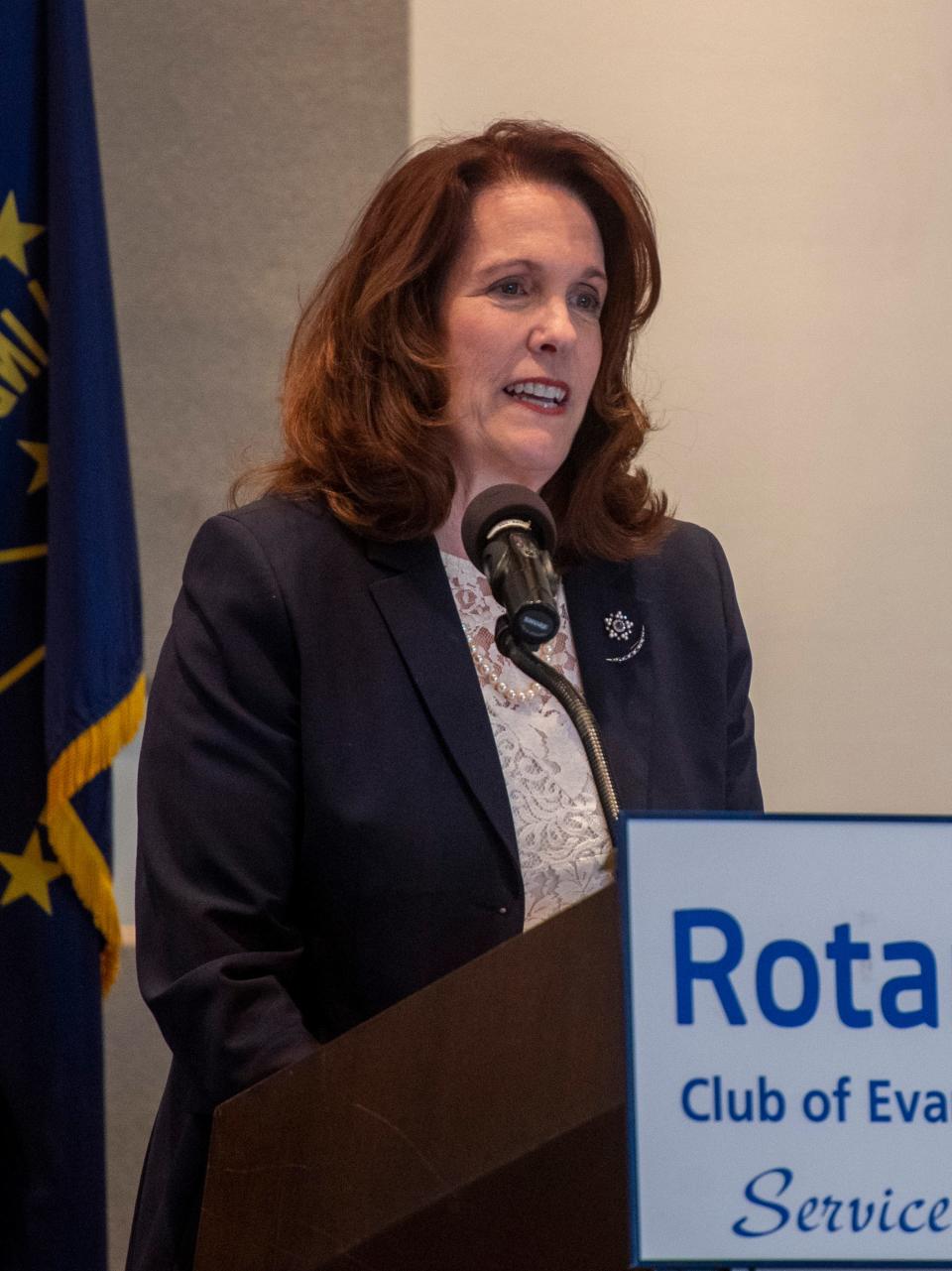 Evansville mayoral Republican candidate Cheryl Musgrave gives an opening statement during a Rotary Club of Evansville Mayoral Candidate Forum held at the Ballys Evansville Conference Center in Downtown Evansville, Ind., Tuesday, March 28, 2023.