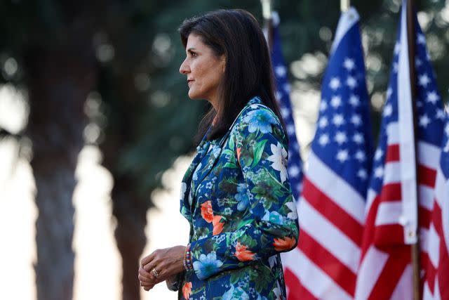 <p>JULIA NIKHINSON/AFP via Getty</p> Nikki Haley speaks to South Carolina voters ahead of the state's 2024 Republican primary election