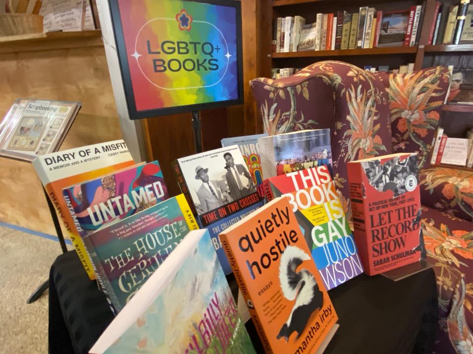 A display promotes LGBTQ+ books at NewSouth Bookstore in Montgomery.