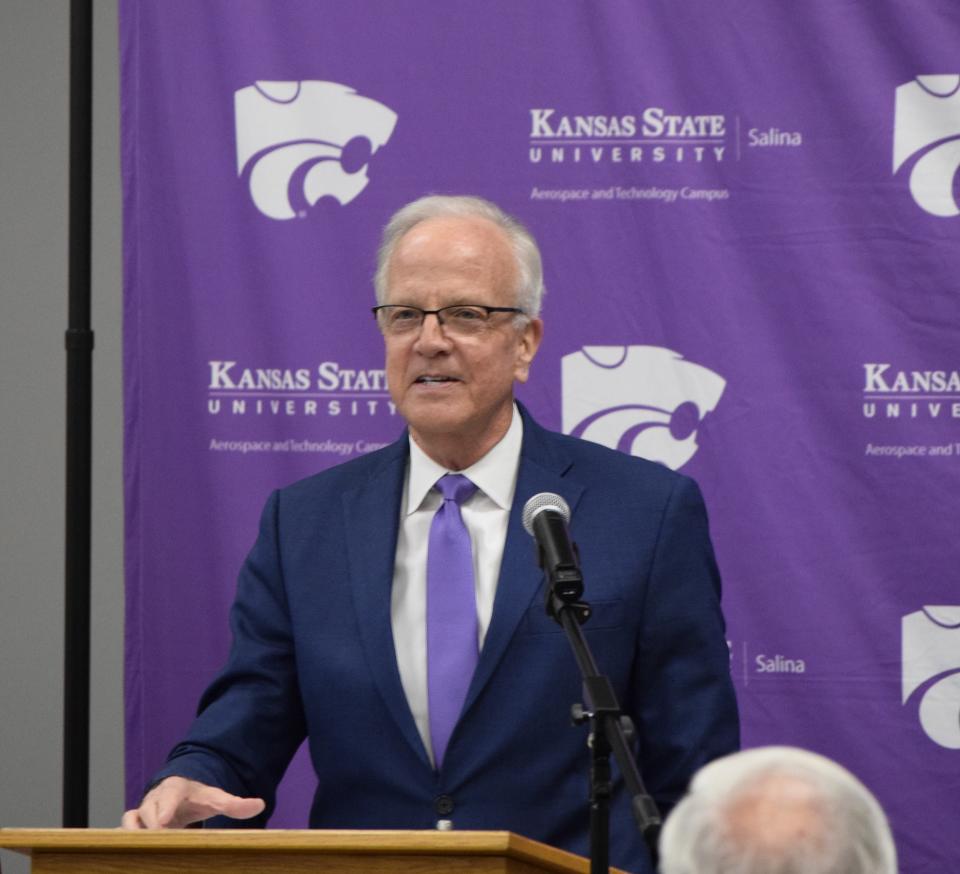 Sen. Jerry Moran announces to a standing-room-only crowd $33.5 million in grants coming to Kansas State University Salina Aerospace and Technology Campus. The funding will be used to help the campus, and the state continue to move forward in the aerospace industry.