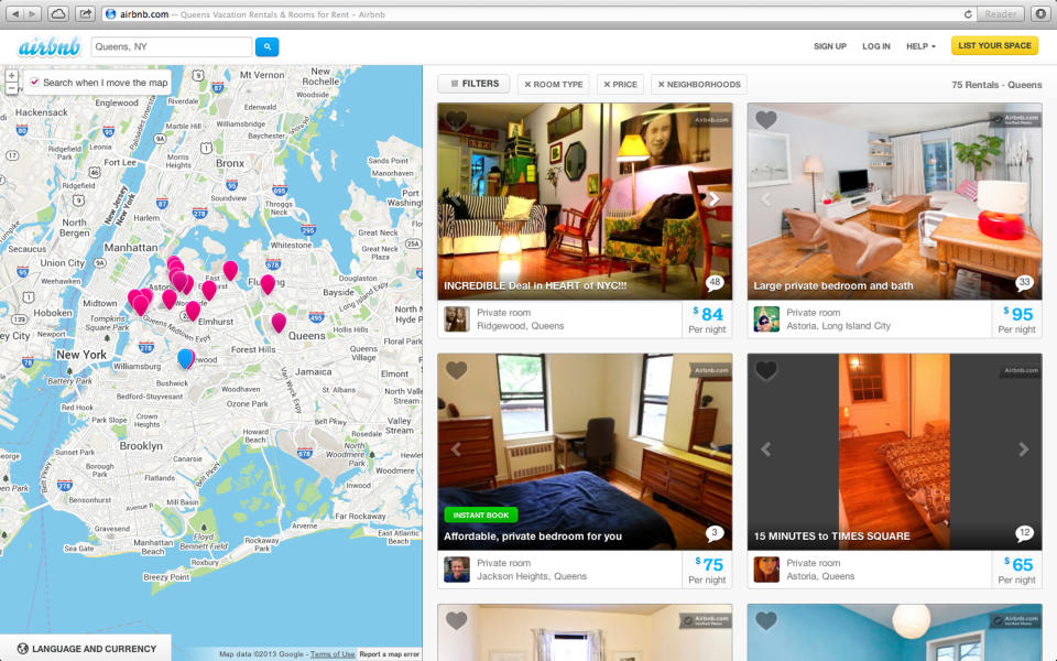 This Oct. 14, 2013 screen shot provided by Airbnb from their website shows a typical search for listings of rooms to rent, in this case in Queens, New York, through Airbnb. New York City tourists these days are increasingly opting to rent space in a stranger’s house through sites like Airbnb to avoid staying in a pricey hotel, but officials say the practice is often illegal, undercuts the hotel industry, avoids taxes and threatens apartment building safety. (AP Photo/Airbnb)