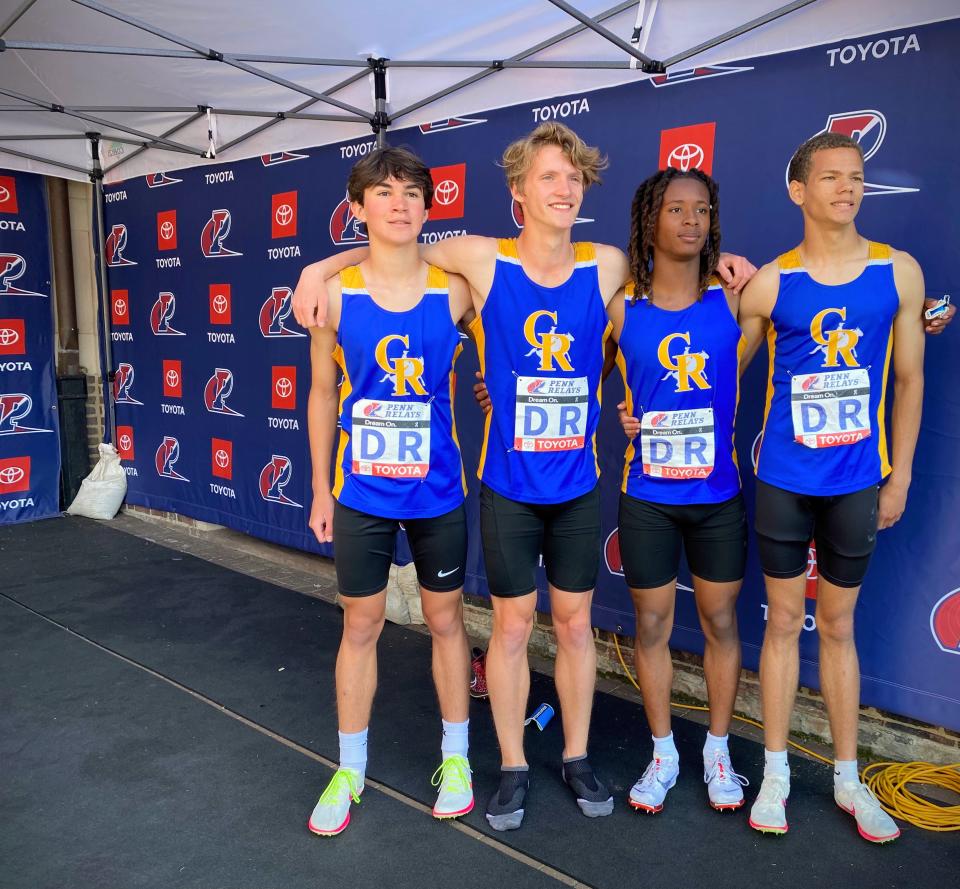 The Caesar Rodney team of (from left) Griffin Spana, Caleb Price, Josh Johnson and Ian Cain ran 8:05.32 in the 4x800 at the 2024 Penn Relays.