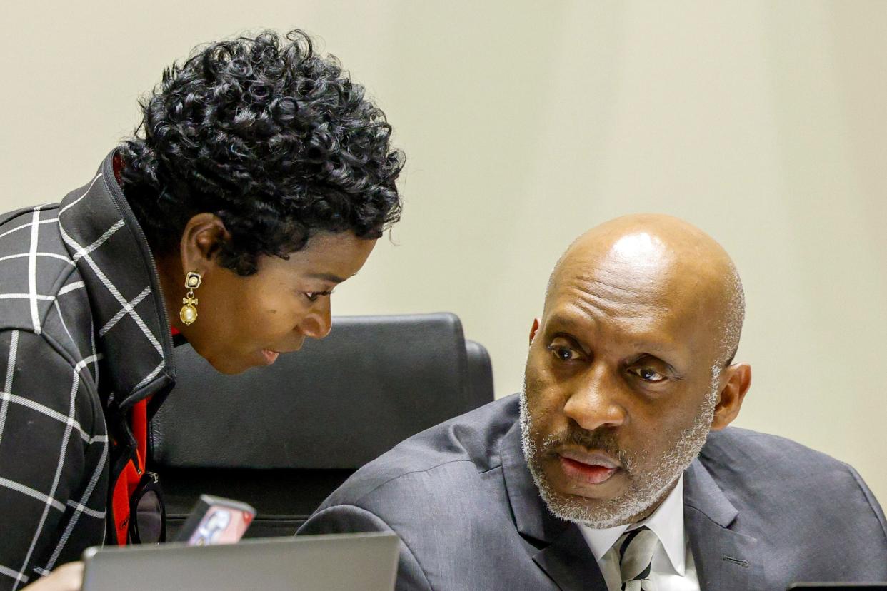 Dallas Deputy City Manager Kim Bizor Tolbert talks with Dallas City Manager T.C. Broadnax during a Feb. 28 Dallas City Council meeting, days after Broadnax applied for the Austin city manager's post.