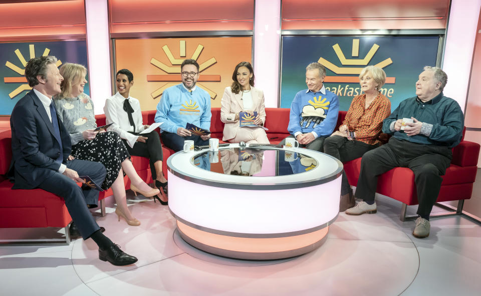 (left to right) Charlie Stayt, Carol Kirkwood, Naga Munchetty, Jon Kay, Sally Nugent, Francis Wilson, Debbie Rix and Russell Grant on the red sofa as BBC Breakfast celebrate its 40th anniversary with a special show and guests at MediaCityUK, Salford. Picture date: Tuesday January 17, 2023. (Photo by Danny Lawson/PA Images via Getty Images)