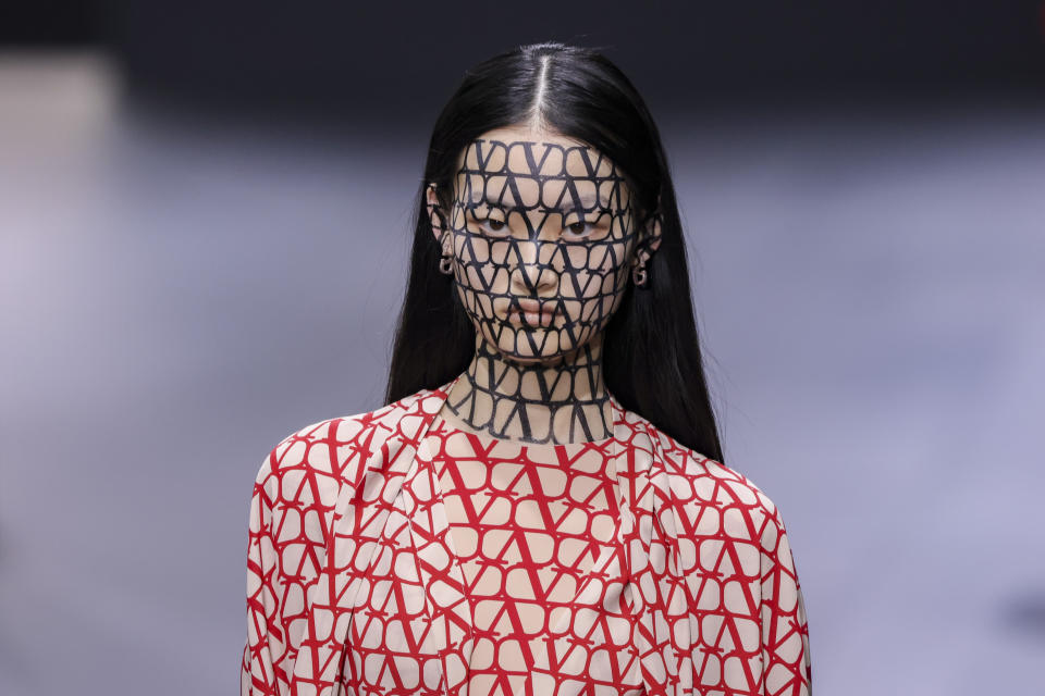 A model wears a creation for the Valentino ready-to-wear Spring/Summer 2023 fashion collection presented Sunday, Oct. 2, 2022 in Paris. (Photo by Vianney Le Caer/Invision/AP)