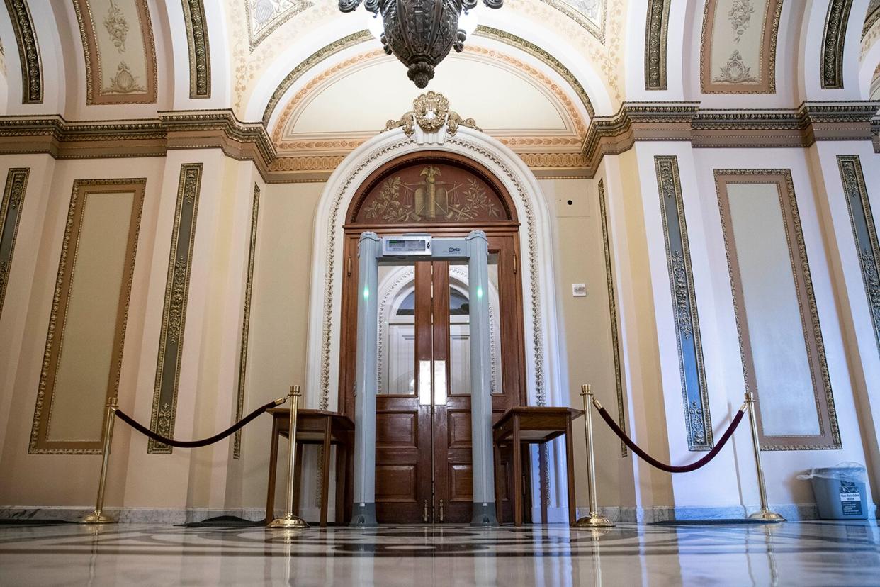 A metal detector stands outside of the House chamber at the U.S. Capitol on January 22, 2021 in Washington, DC.