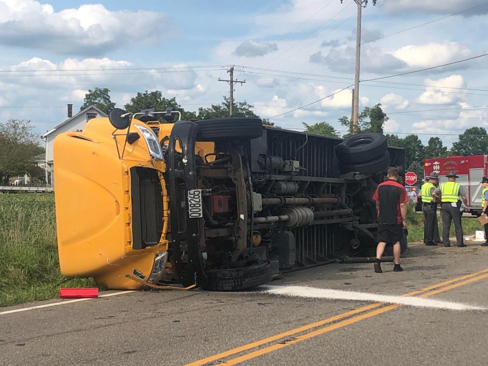 A Marlington Local school bus with 19 students overturned Monday afternoon in Marlboro Township. Police said the students and the bus driver did not suffer any serious injuries.