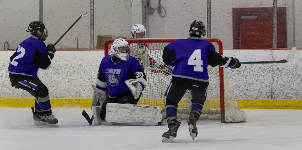 Rumson goalie Alex Baret guards the goal in a scrimmage against Wall in Wall, NJ on December 1, 2023.