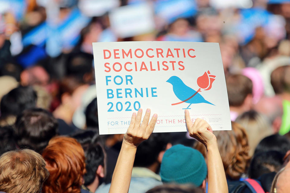 Supporters hold up sign at the Bernie's Back Rally in Long Island City, New York on Saturday, Oct. 19, 2019. (Photo: Gordon Donovan/Yahoo News) 