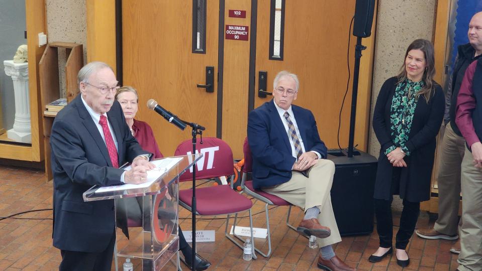 Former WT president Russel Long speaks to the crowd Thursday at WT about he and wife Natrelle's gift to the university in Canyon. Texas.