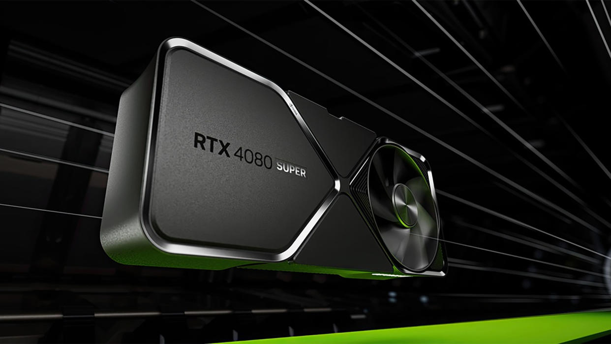  An Nvidia GeForce RTX 4080 Super against a black and green background. 