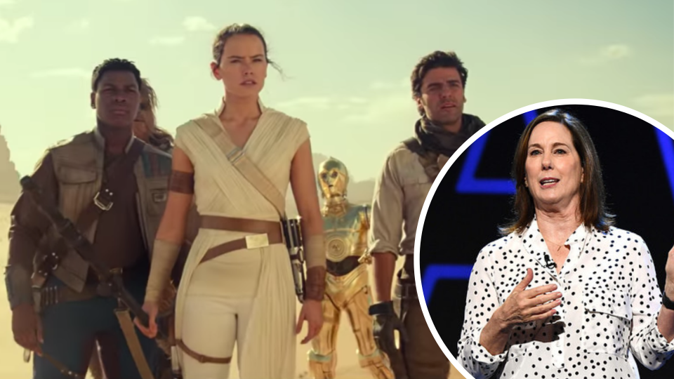 Pictured: Scene from Star Wars: The Rise of Skywalker and Lucasfilm president Kathleen Kennedy. Images: The Walt Disney Company
