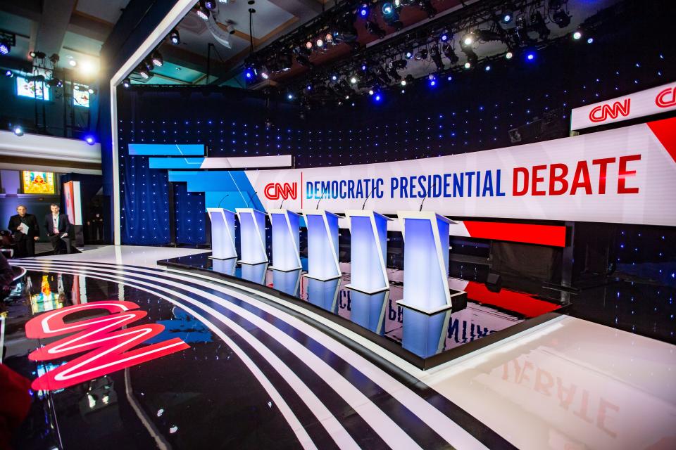 Inside Sheslow Auditorium where preparation is underway for the CNN/Des Moines Register Democratic presidential debate Tuesday, Jan. 14, 2020.