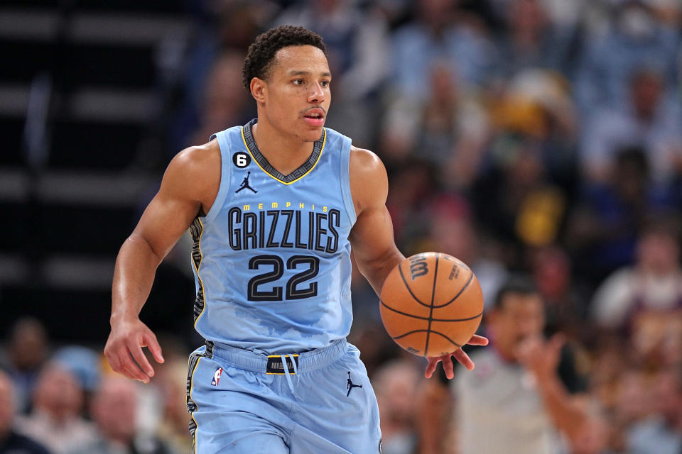 MEMPHIS, TENNESSEE - APRIL 26: Desmond Bane #22 of the Memphis Grizzlies brings the ball upcourt against the Los Angeles Lakers during Game Five of the Western Conference First Round Playoffs at FedExForum on April 26, 2023 in Memphis, Tennessee. NOTE TO USER: User expressly acknowledges and agrees that, by downloading and or using this photograph, User is consenting to the terms and conditions of the Getty Images License Agreement. (Photo by Justin Ford/Getty Images)