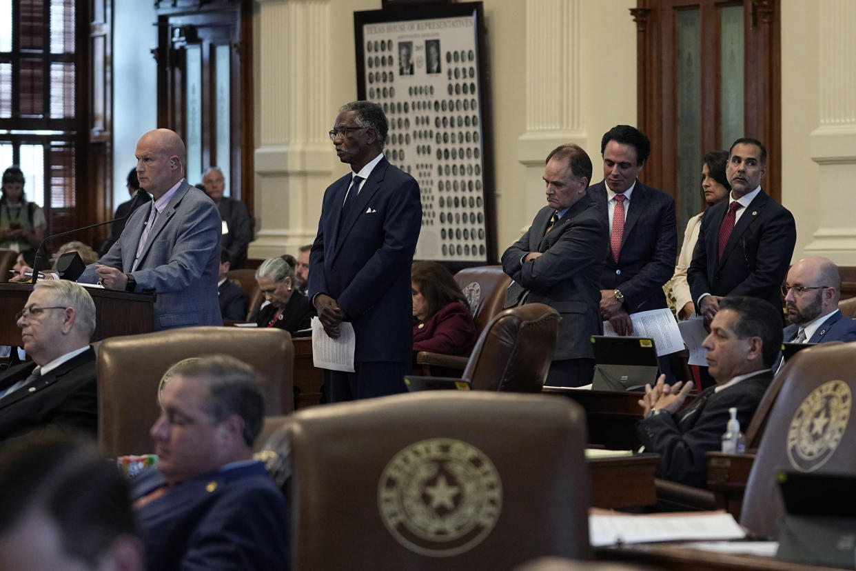 House members line up to question Rep. Andrew Murr, R - Junction, Chair of the House General Investigating Committee, during the impeachment proceedings against state Attorney General Ken Paxton in the House Chamber at the Texas Capitol in Austin, Texas, Saturday, May 27, 2023. Texas lawmakers have issued 20 articles of impeachment against Paxton, ranging from bribery to abuse of public trust as state Republicans surged toward a swift and sudden vote that could remove him from office. (AP Photo/Eric Gay)