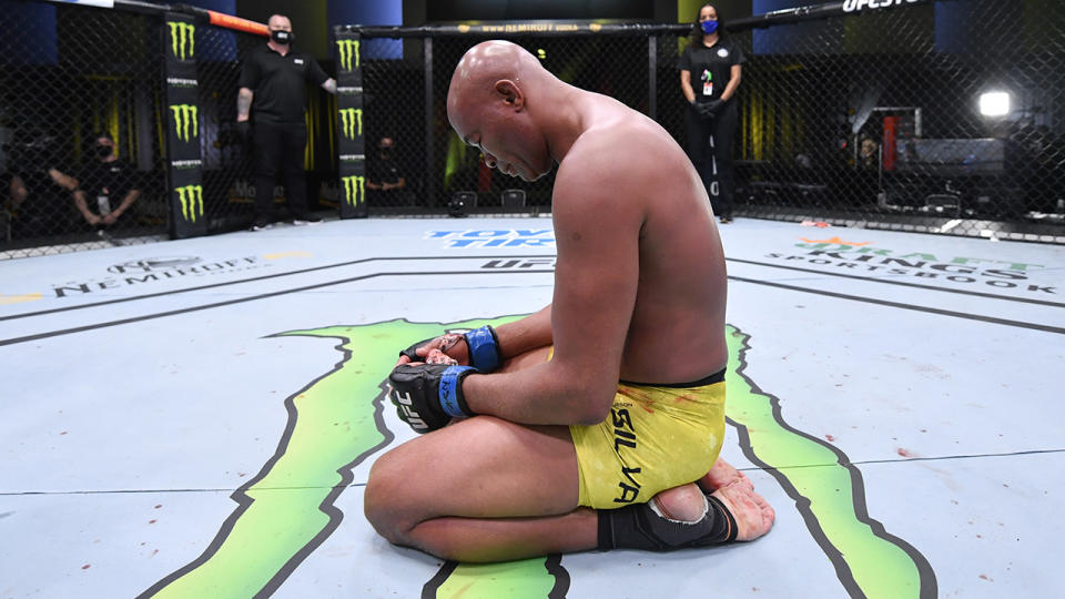 Anderson Hall stayed inside the ring for some time after his UFC Vegas 12 loss to Uriah Hall. (Photo by Jeff Bottari/Zuffa LLC via Getty Images)