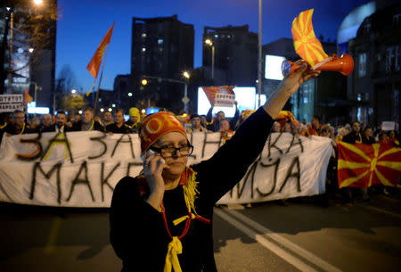 Protesters shout slogans during demonstrations against an agreement that would ensure the wider official use of the Albanian language, in Skopje, Macedonia March 2, 2017. REUTERS/Stringer
