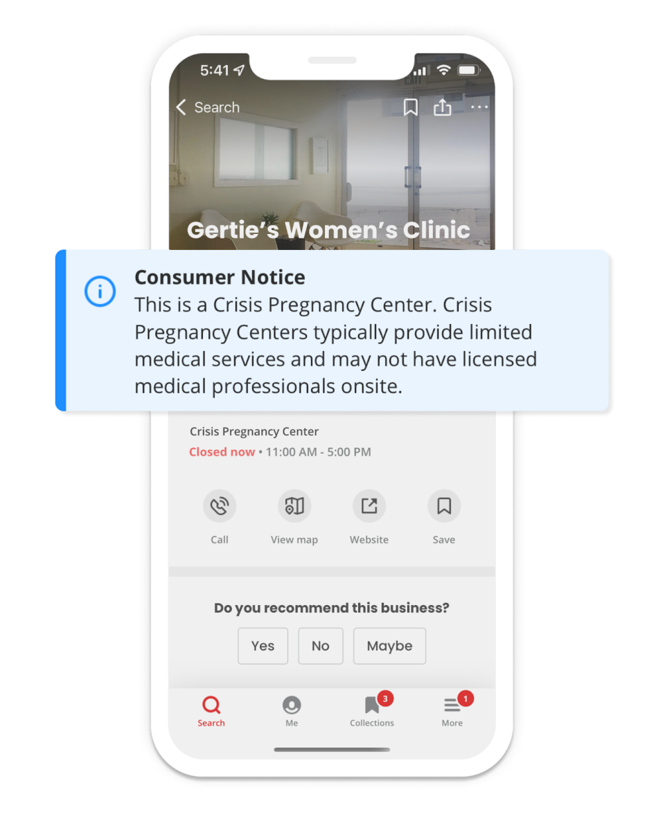 Yelp notice for crisis pregnancy centers