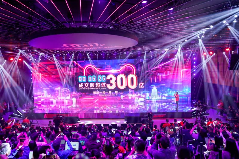 A screen shows the value of goods being transacted during Alibaba Group's 11.11 Singles' Day global shopping festival at the company's headquarters in Hangzhou