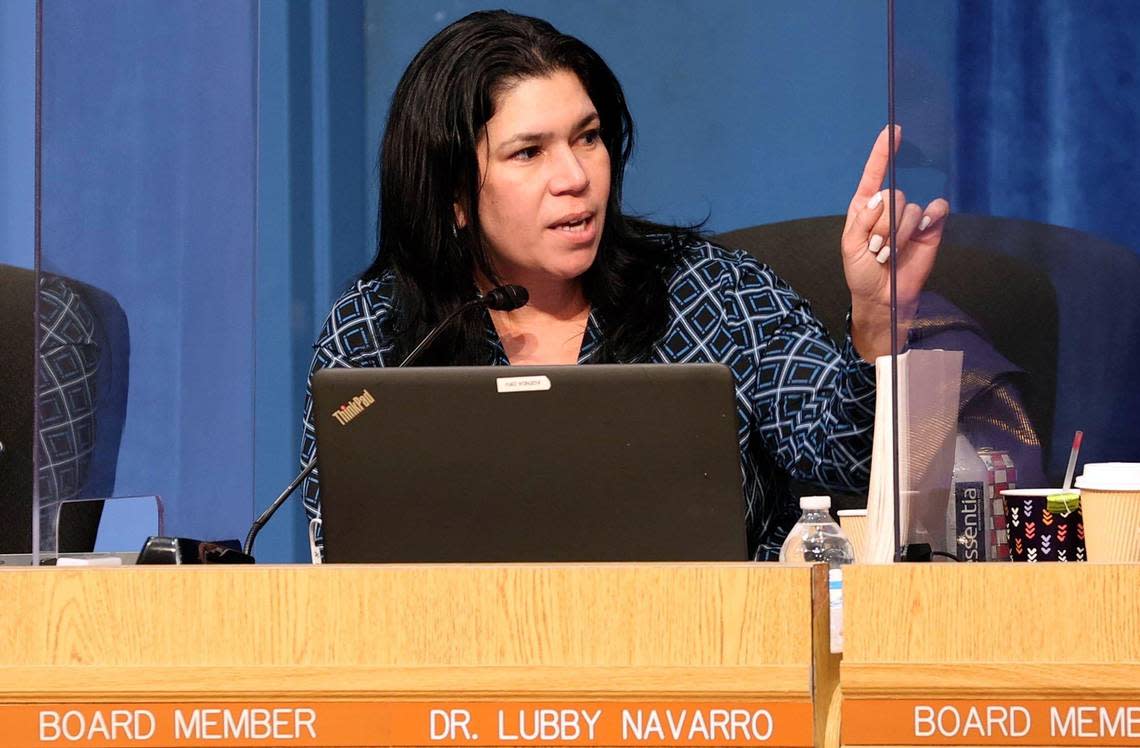 Miami-Dade School Board District 7 Board Member Lubby Navarro reacts during a special meeting where the board reconsidered and reversed its decision on whether to adopt the recommended health and sex-education textbook at Miami-Dade County School Board Administration Building in Miami, Florida, on Thursday, July 28, 2022.
