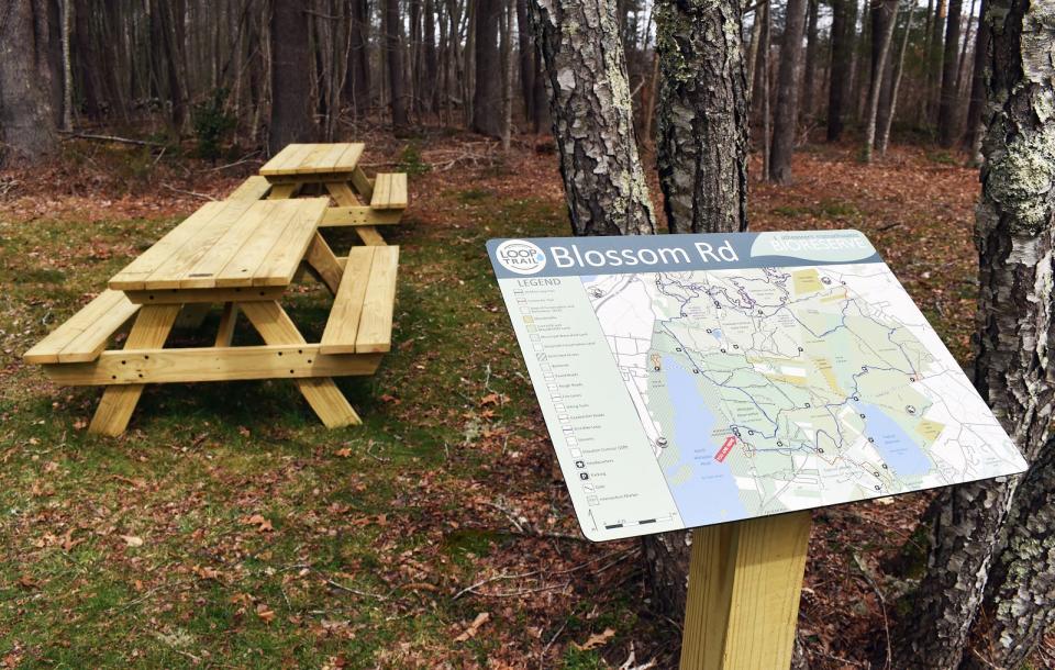 These picnic tables were built by students of Diman Regional Vocational Technical High School, and placed off Blossom Road in Fall River. The materials were donated by the Appalachian Mountain Club's Southeastern Massachusetts chapter.