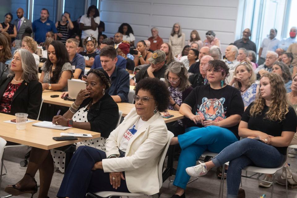 The event room at the Public Works Service Center is filled to capacity as Knoxville mayoral candidates answer questions during a forum hosted by the League of Women Voters.