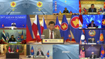 In this image released on Tuesday, Oct. 26, 2021, by Brunei ASEAN Summit in Bandar Seri Begawan, Philippine President Rodrigo Duterte, center, speaks during a virtual summit with the leaders of the Association of Southeast Asian Nations (ASEAN) member​ states. Southeast Asian leaders began their annual summit without Myanmar on Tuesday amid a diplomatic standoff over the exclusion of the leader of the military-ruled nation from the group's meetings. An empty box of Myanmar is seen at bottom second from right. (Brunei ASEAN Summit via AP)