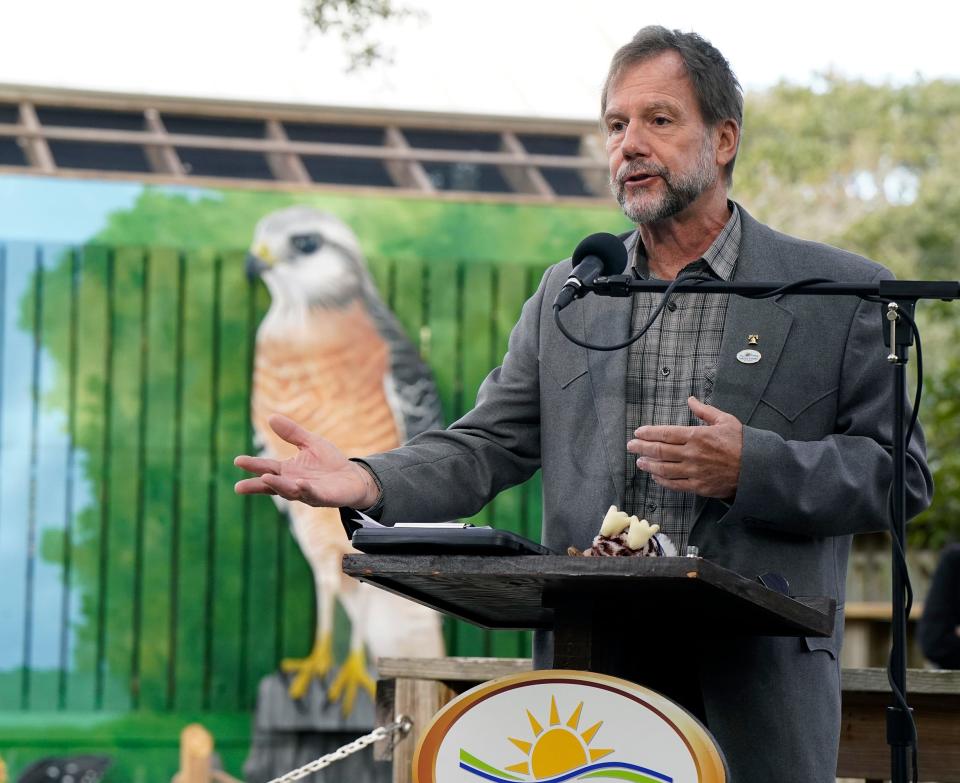 Volusia County Chair Jeff Brower speaks during the Marine Science Center Raptor Exhibit opening ceremony in Ponce Inlet, Tuesday, Dec.12, 2023.