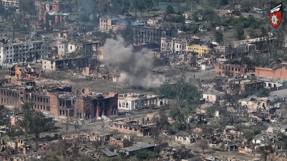 PHOTO: A drone view shows damaged property, amid Russia's attack on Ukraine, in Vovchansk, Kharkiv region, Ukraine, from a video released on June 2, 2024.  (United Assault Brigade of the National Police of Ukraine via Reuters)