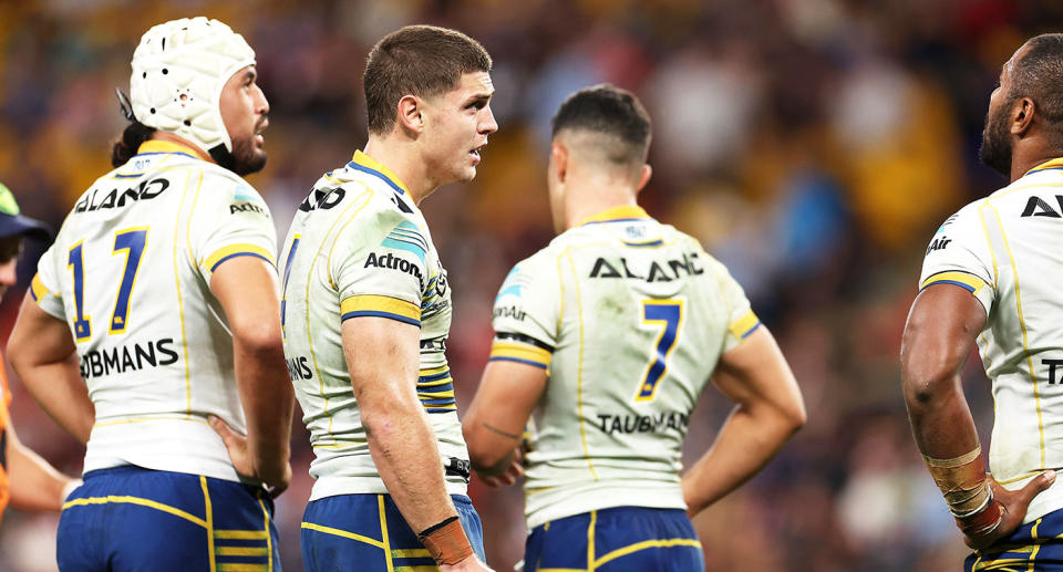 Seen here, Parramatta Eels players after their round 11 drubbing by the Melbourne Storm. 