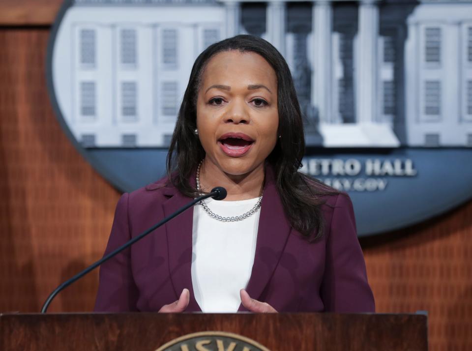 Assistant Attorney Kristen Clarke made remarks as the Department of Justice announced the findings of a sweeping investigation of the Louisville Metro Police Department at Metro Hall in Louisville, Ky. on Mar. 8, 2023.   The report was the result of a nearly two-year probe following the killing of Breonna Taylor.