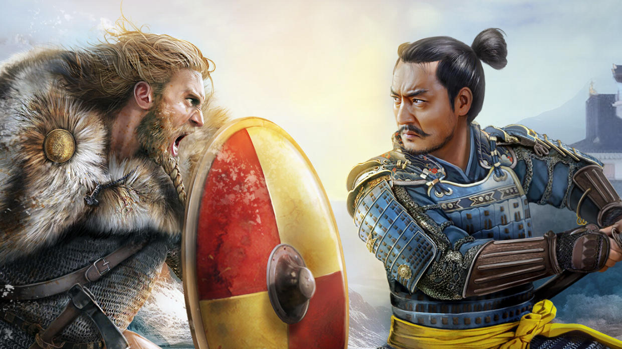  Key art for the new Age of Empires 2 expansion showing an angry Viking and Japanese warlod. 