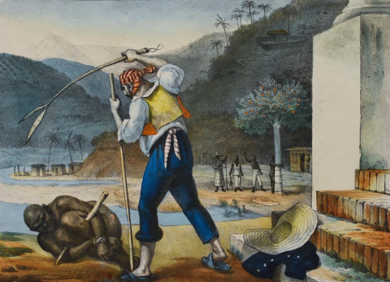 <span class="caption">J.B. Debret, « L'esclavage au Brésil », 1834.</span> <span class="attribution"><a class="link " href="https://commons.wikimedia.org/wiki/File:Slavery_in_Brazil,_by_Jean-Baptiste_Debret_(1768-1848).jpg" rel="nofollow noopener" target="_blank" data-ylk="slk:Wikipédia;elm:context_link;itc:0;sec:content-canvas">Wikipédia</a></span>