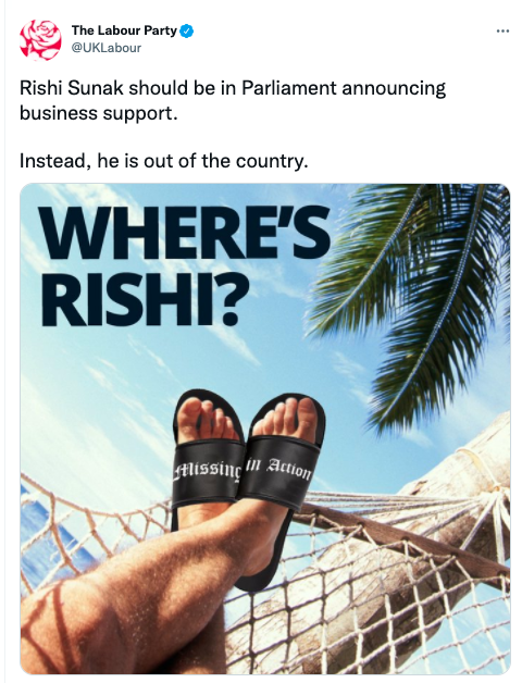 Labour called for Rishi Sunak to return from California to help Omicron-hit businesses in a tweet on Thursday.