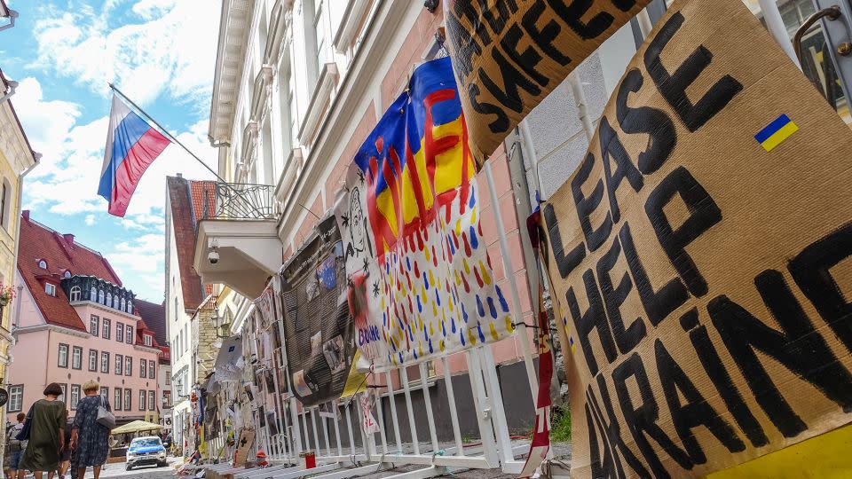 Anti-war banners hang on the fence in front of Russian Embassy in Tallinn, Estonia, July 2022. - Michal Fludra/NurPhoto/Getty Images