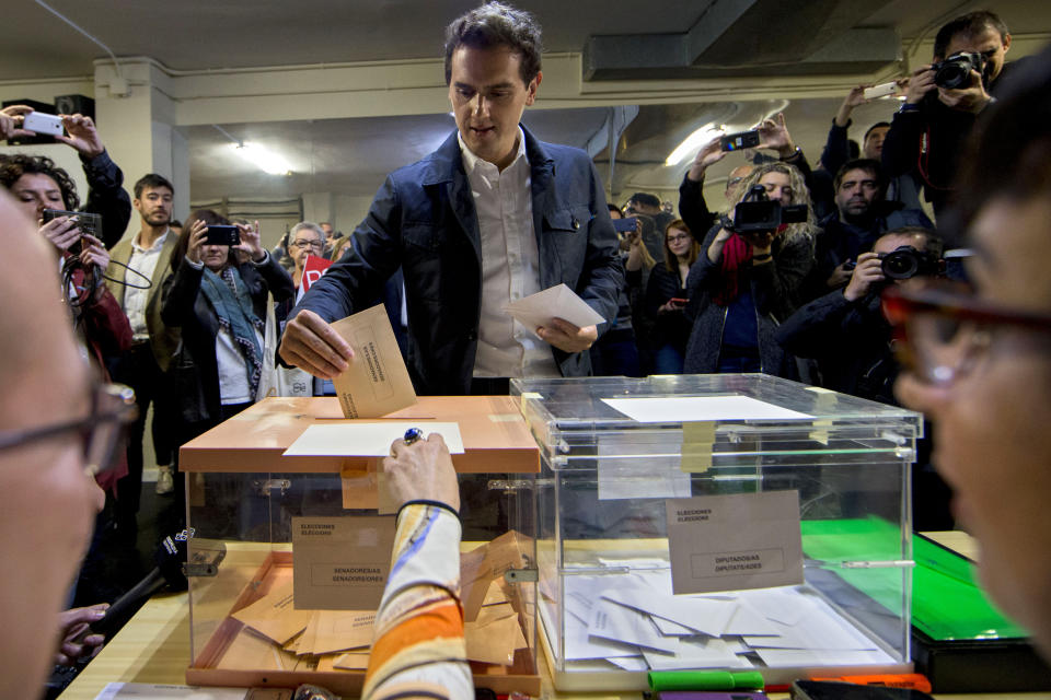 Citizens party leader Albert Rivera casts his vote for the general election in Hospitalet de Llobregat, Barcelona, Spain, Sunday, April 28, 2019. Galvanized by the Catalan crisis, Spain's far right is set to enter Parliament for the first time in decades while the Socialist government tries to cling on to power in Spain's third election in four years. (AP Photo/Joan Monfort)