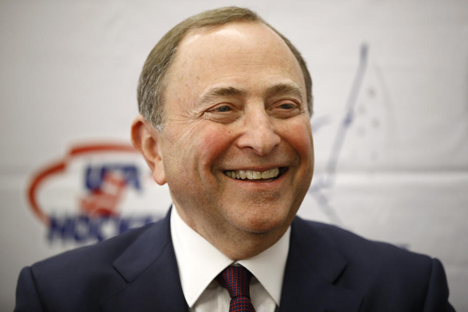 NHL Commissioner Gary Bettman speaks with members of the media before being inducted into the U.S. Hockey Hall of Fame, Thursday, Dec. 12, 2019, in Washington. (AP Photo/Patrick Semansky)