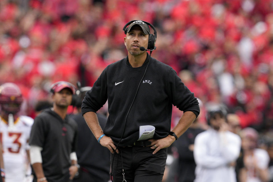Iowa State head coach Matt Campbell stands on the sidelines during the first half of an NCAA college football game against Cincinnati, Saturday, Oct. 14, 2023, in Cincinnati. (AP Photo/Jeff Dean)