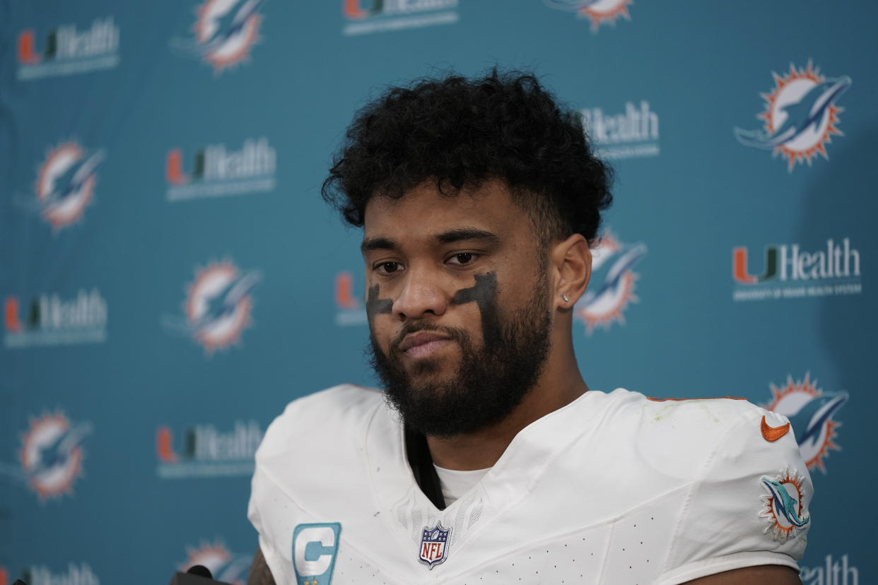 Miami Dolphins quarterback Tua Tagovailoa speaks to the media after Sunday's loss to the Ravens. (AP Photo/Matt Rourke)