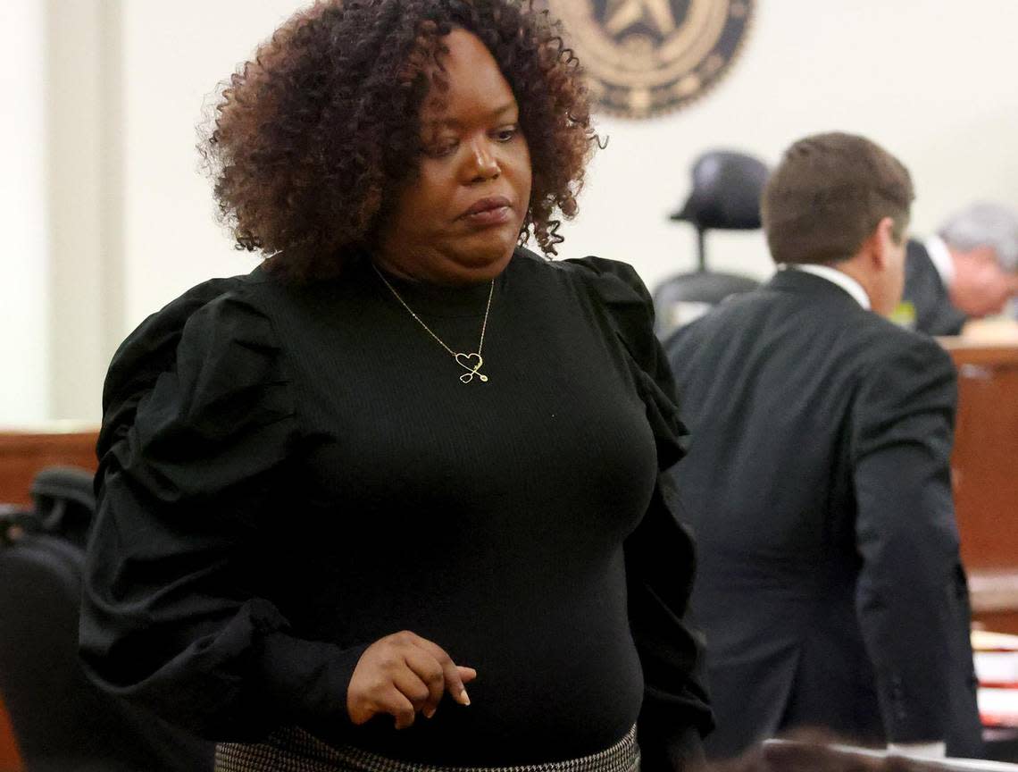 Ashley Carr, oldest sister of Atatiana Jefferson, leaves the stand after testifying during the third day of the murder trial of Aaron Dean on Wednesday, December 7, 2022. Former Fort Worth police officer Aaron Dean fatally shot Atatiana Jefferson in 2019 during an open structure call at her home.