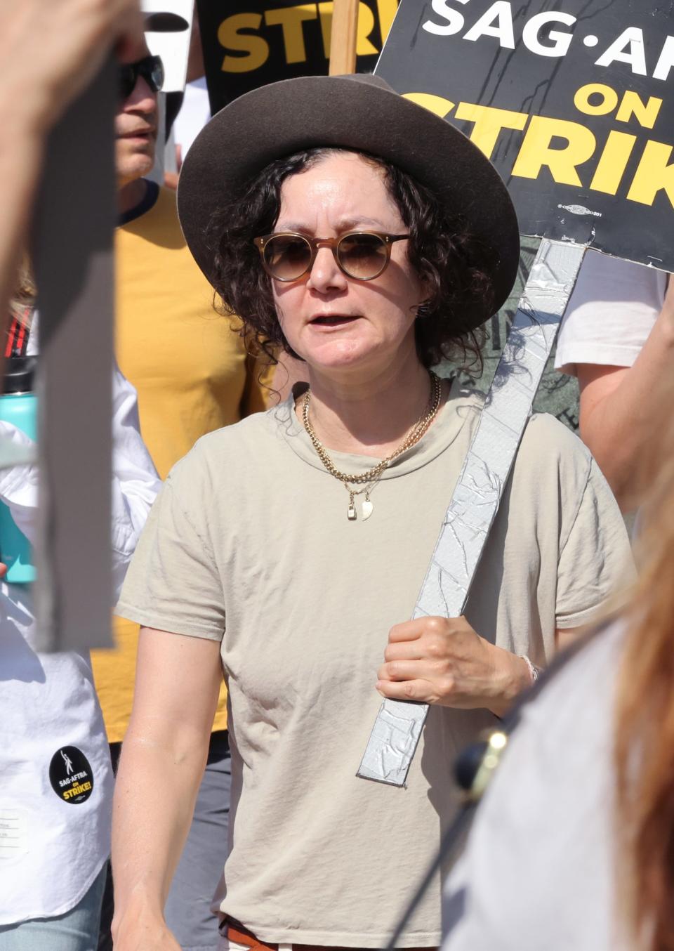 closeup of her in the picket line for the writer's strike