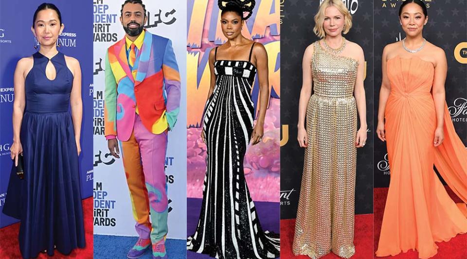 From Left: The Whale’s Hong Chau at the Palm Springs International Film Festival gala in January; Daveed Diggs in Moschino at the 2022 Independent Spirit Awards; Gabrielle Union in Elie Saab at the Strange World U.K. premiere last year; Michelle Williams in custom Louis Vuitton at this year’s Critics Choice; Stephanie Hsu in Valentino Haute Couture at the same event