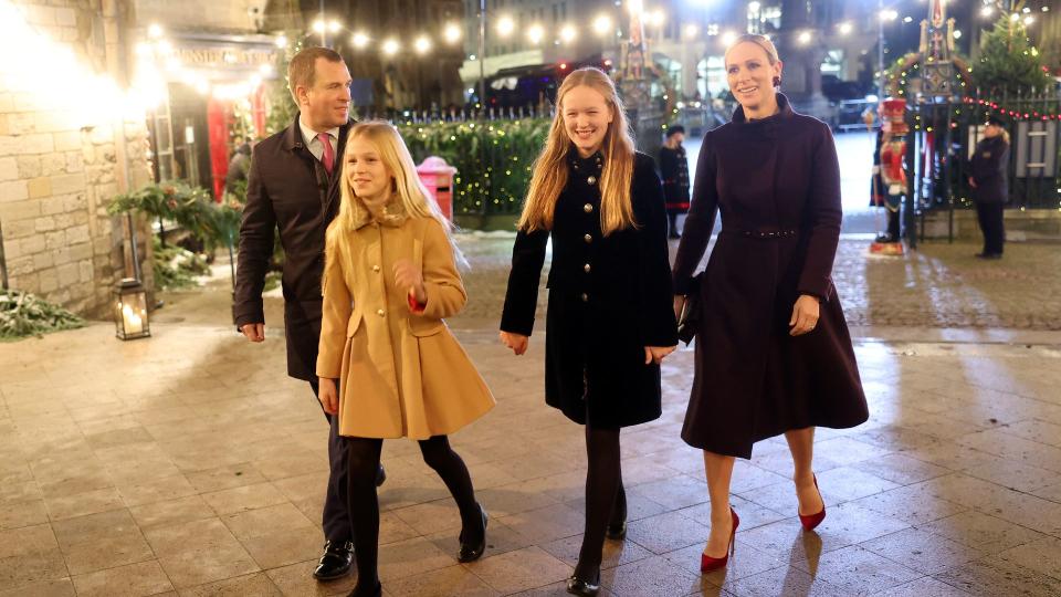 : Peter Phillips, Savannah Phillips, Isla Phillips and Zara Tindall attend The "Together At Christmas" Carol Service at Westminster Abbey on December 08, 2023 in London, England