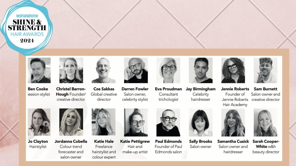  On a cream tile background, there are headshots of all 16 judges for the woman&home hair awards 2024. 