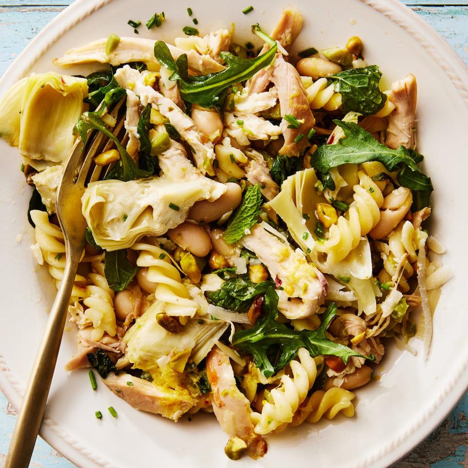 chicken, artichokes, spinach, and noodles tossed with pasta