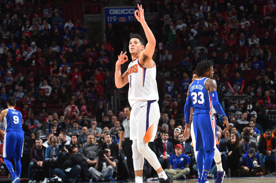 Devin Booker dances on the 76ers’ home court. You can do that when you go nova. (Getty)